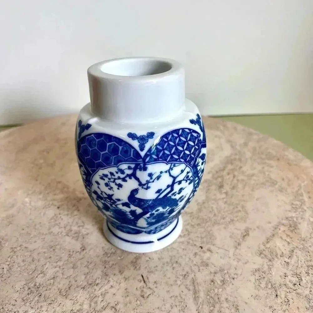 Vintage Japanese‎ Candle Stick Holder White Blue Peacock Pattern Home Decor